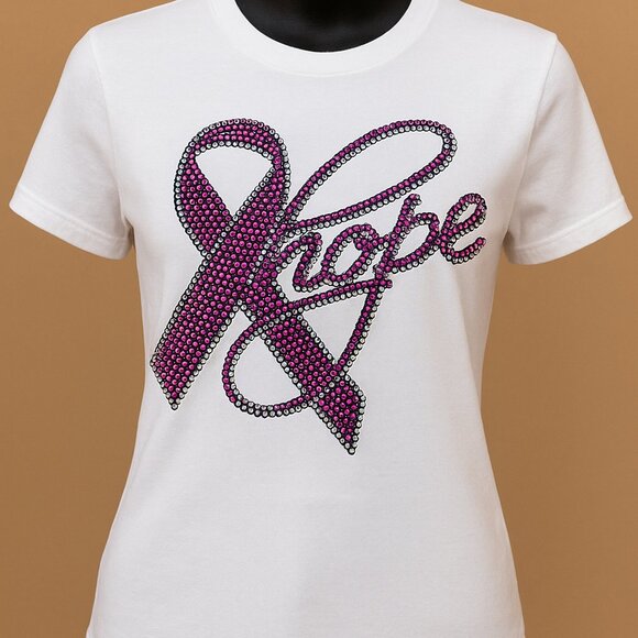 Tops - “Hope” Rhinestone Breast Cancer Awareness T-Shirt – Sparkling Pink Ribbon Tee